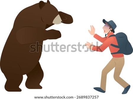 Flat-style drawing of a bear confronting a man in the wilderness. Useful for survival guides, nature warnings, or adventure visuals.