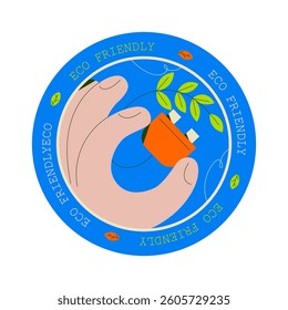 Flat-style eco label showing a hand holding green plug with sprouting leaves. Perfect for green energy themes, clean power visuals and eco-friendly product identity
