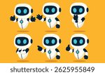 Flat-style floating robot assistant in six expressive poses like waving, thinking, crossing arms, pointing, and thumbs up. Perfect for tech UI, chatbot, and virtual assistant themes.