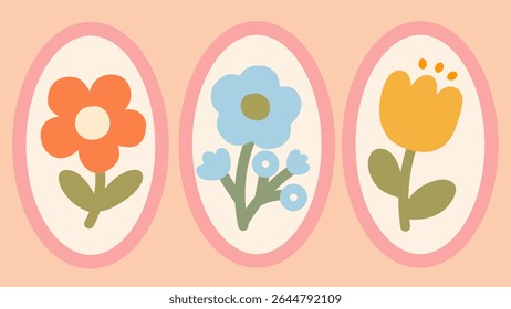Flat-style floral elements inside soft oval frames with pastel tones. Ideal for greeting cards, spring themes, kids’ designs, wedding invitations, and decorative vintage compositions.
