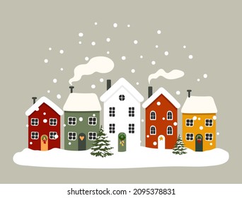 Flat-style houses are isolated. Snow-skidded winter streets. Concept. Christmas. Roofs are covered with snow. Vector illustration