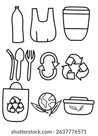 A flat-style icon collection focusing on plastic waste, recycling, and environmental awareness. Includes plastic bottles, bags, recycling bins, and eco-friendly symbols — perfect for infographics, edu