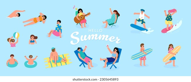 A flat-style icon collection of people enjoying various beach activities in summer, including swimming, sunbathing, surfing, walking, and relaxing
