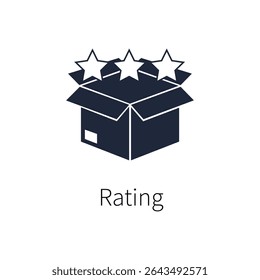 Flat-style icon featuring an open box with three stars above it, representing product ratings or customer reviews. Clean and minimal design, ideal for use in UI UX, mobile apps, or user dashboards.