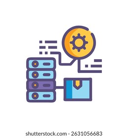 Flat-style icon representing data servers, configuration through a gear, and data transfer. Stylized with simple lines and a clean design.