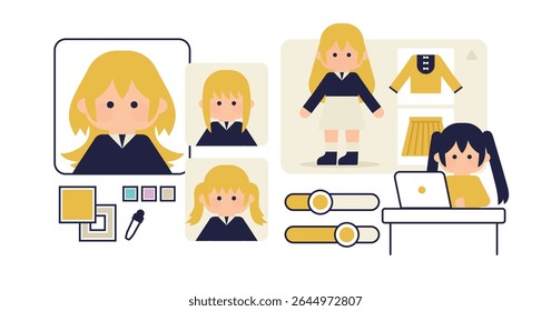 Flat-style illustration of avatar creation and customization interface