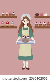 Flat-style illustration of a baker girl holding a freshly baked cake with shelves of colorful cupcakes, desserts, and pastries in the background. Ideal for bakery, food-related,  sweet-themed designs.