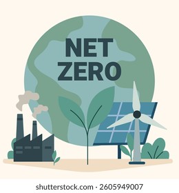 Flat-style illustration of a balanced scale with carbon emissions on one side and green energy on the other. A glowing “Net Zero” label symbolizes carbon neutrality and climate action.