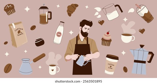 Flat-style illustration of a barista surrounded by coffee items, tools, and treats. Perfect for coffee branding, cafe designs, and creative projects.