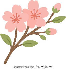 A flat-style illustration of a blooming cherry blossom branch with two pink flowers, several buds, and green leaves on a brown stem.