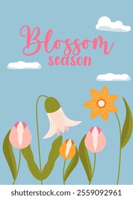 Flat-style illustration of blooming spring flowers with bright petals, tulips, and a cheerful "Blossom Season" text. Perfect for spring-themed projects and seasonal designs.