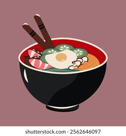 Flat-style illustration of a bowl of bibimbap, featuring rice, vegetables, fried egg, and chopsticks. Perfect for food-related designs, icons,  menus, or projects showcasing Korean cuisine.