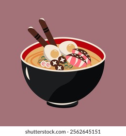 Flat-style illustration of a bowl of ramen with eggs, mushrooms, fish cakes, and chopsticks. Perfect for food designs, icons, menus, or culinary projects celebrating Asian cuisine.