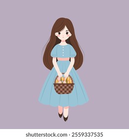 Flat-style illustration of a charming girl in a blue dress holding a basket full of colorful spring flowers. She stands gracefully with long flowing brown hair, creating a serene and elegant springtim