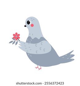 Flat-style illustration of a charming pigeon holding a red flower. Perfect for Valentine’s Day designs, greeting cards, love-themed projects, or nature-inspired illustrations.