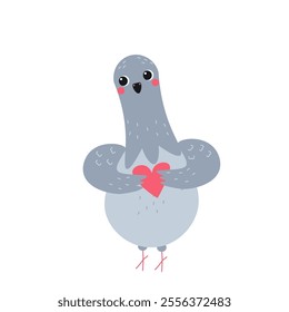 Flat-style illustration of a charming pigeon holding a red heart, symbolizing love and affection. Perfect for Valentine's Day designs, greeting cards, and romantic-themed projects.