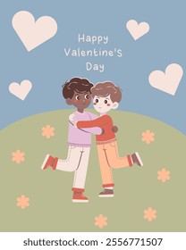 Flat-style illustration of a cheerful LGBT couple hugging on a sunny hill with flowers and hearts, celebrating love, diversity, and inclusivity. Perfect for Valentine's Day cards and romantic designs.