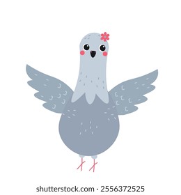 Flat-style illustration of a cheerful pigeon with open wings and a cute flower detail, perfect for nature-themed projects, animal designs, and playful decorative concepts.