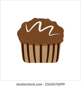 Flat-style illustration of a chocolate muffin with striped wrapper and cream topping, perfect for bakery branding, cafe menus, dessert packaging, or food-related projects.