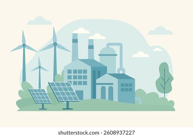 Flat-style illustration of a clean industry concept, featuring modern factories with solar panels, wind turbines, and eco-friendly infrastructure in a green landscape.