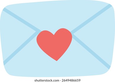 Flat-style illustration of a closed light blue envelope with a red heart in the center, symbolizing love, affection, or heartfelt messages, ideal for romance or communication themes