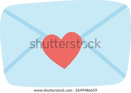 Flat-style illustration of a closed light blue envelope with a red heart in the center, symbolizing love, affection, or heartfelt messages, ideal for romance or communication themes