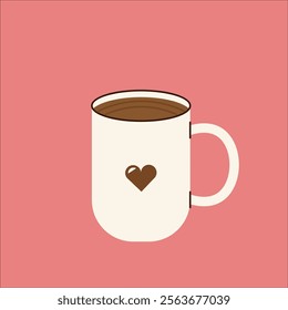 Flat-style illustration of a coffee mug with a heart design, filled with a warm drink, perfect for cafe branding, cozy-themed projects, coffee menus, or lifestyle visuals.