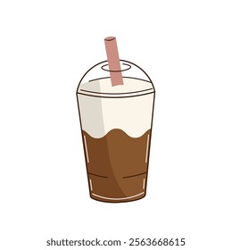 Flat-style illustration of a cold coffee drink with whipped cream and a straw, perfect for cafe branding, menu design, or digital content focused on beverages and coffee culture.
