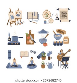 Colección de ilustración de estilo plano de pasatiempos que incluyen pintar, hornear, yoga, música y artesanías. Ideal para estilo de vida, creatividad, educación, ocio, bienestar y proyectos digitales o impresos.