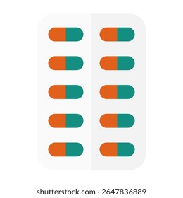 Ilustração em estilo plano de um blister colorido cápsula com pílulas vermelhas e verdes. Adequado para conteúdo médico, farmacêutico, prescrito ou médico.