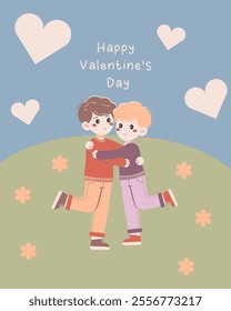 Flat-style illustration of a couple hugging on a grassy hill with flowers and hearts, celebrating Valentine's Day and love. Perfect for greeting cards, LGBTQ+ designs, and romantic projects.