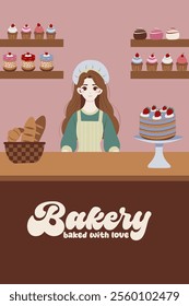 Flat-style illustration of a cozy bakery scene with a baker behind the counter, fresh bread, colorful cupcakes, and a beautifully decorated cake on display. Warm and inviting dessert shop atmosphere.