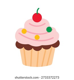Ilustración de estilo plano de un pastel lleno de crema con una cobertura de cereza, paleta de colores pastel, fondo blanco limpio