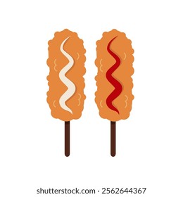 Flat-style illustration of crispy Korean corn dogs topped with mayonnaise and ketchup. Perfect for food projects, restaurant menus, icons or designs celebrating street food culture.