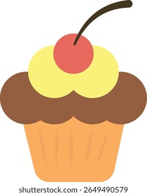 Flat-style illustration of a cupcake with light brown base, chocolate frosting, yellow cream dollop, and red cherry on top, ideal for dessert visuals, kids content, or bakery themes