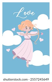 Flat-style illustration of a cute cupid girl with orange hair, drawing a heart-shaped bow and arrow. Surrounded by clouds and hearts, perfect for Valentine's Day cards and romantic designs.