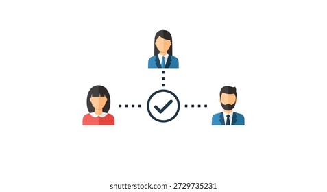 A flat-style illustration depicts connected professionals with a checkmark, using a silhouette aesthetic.