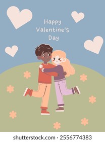 Flat-style illustration of a diverse couple hugging on a grassy hill with flowers and hearts, celebrating Valentine's Day and love. Perfect for greeting cards, romantic projects, and inclusivity theme