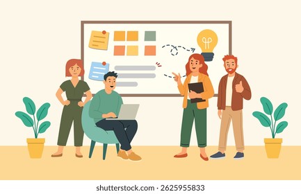 Flat-style illustration of a diverse creative team discussing ideas in front of a whiteboard filled with sticky notes, charts, and a glowing lightbulb icon, symbolizing innovation and teamwork.