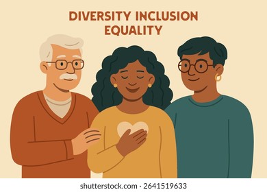Flat-style illustration of diverse people standing together with words “Diversity, Inclusion, Equality” above. Promotes unity, respect, and social awareness in modern communities.