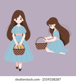 Flat-style illustration featuring a charming girl in a blue dress with long brown hair, holding a flower basket in one pose and kneeling with an empty basket in another.