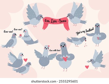 Flat-style illustration featuring a collection of adorable pigeons with Valentine's Day themes. Includes romantic messages, hearts, and banners. Perfect for greeting cards, decorations, and holiday de