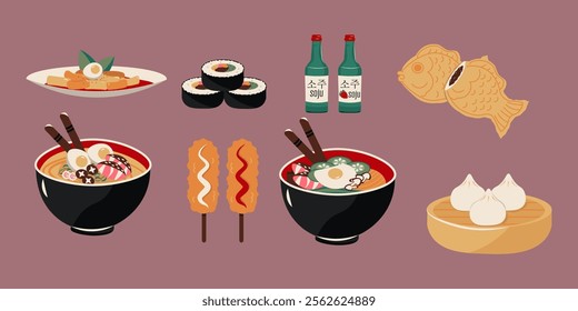 Flat-style illustration featuring a variety of Korean dishes, including tteokbokki, kimbap, soju bottles, punnopan, ramen, bibimbap, corndog, and steamed buns. Vector illustrations of asian food.