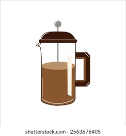 Flat-style illustration of a French press coffee maker with a glass body and dark brown accents, ideal for coffee-related projects, kitchen branding, cafe menus, or digital artwork.