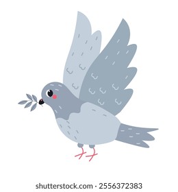 Flat-style illustration of a graceful pigeon holding an olive branch. Perfect for peace-themed projects, Valentine’s Day cards, nature art, and decorative designs.