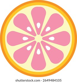 Ilustração em estilo plano de uma fatia de toranja com segmentos cor-de-rosa, detalhes de sementes brancas e casca de laranja espessa, ideal para visuais de alimentos, embalagens ou desenhos divertidos com temas cítricos