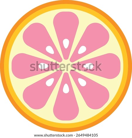 Flat-style illustration of a grapefruit slice with pink segments, white seed details, and thick orange rind, ideal for food visuals, packaging, or playful citrus-themed designs