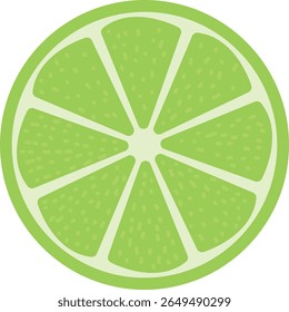 Flat-style illustration of a green lime slice with eight segments, white outlines, and inner texture dots, ideal for food visuals, summer themes, or citrus-inspired designs
