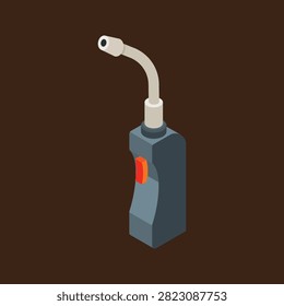A flat-style illustration of a handheld gas torch featuring a dark fuel canister with a flexible metal nozzle and ignition switch. This icon is perfect for representing welding, soldering, brazing, plumbing, metalworking, industrial tools, repair work, and DIY projects. Suitable for websites, mobile apps, presentations, manuals, and engineering graphics.