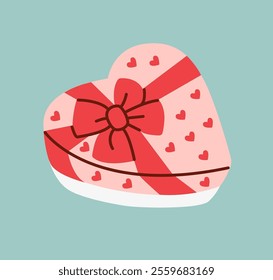 Flat-style illustration of a heart-shaped gift box decorated with red ribbon, bow, and small hearts. Perfect for Valentine's Day and love-themed designs. Simple, cute, and festive packaging.